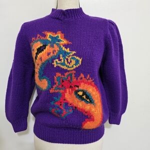 vintage 80s 90s CRESCENDO size small Paisley Wool Blend Hong Kong Sweater Purple